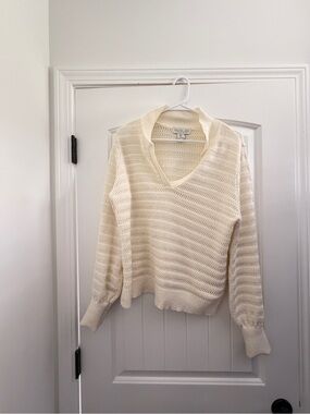 Rachel Zoe Ivory Open-Knit V-Neck Sweater